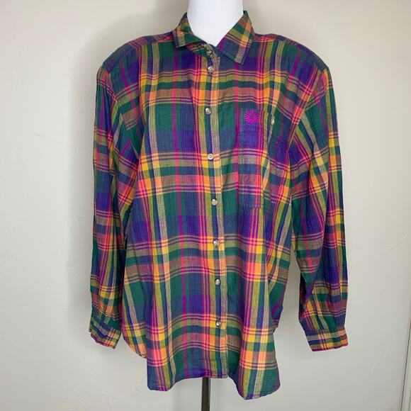 Liz Claiborne Bright Plaid Cotton 80s 90s Shirt Sz 14 Large - Picture 1 of 8